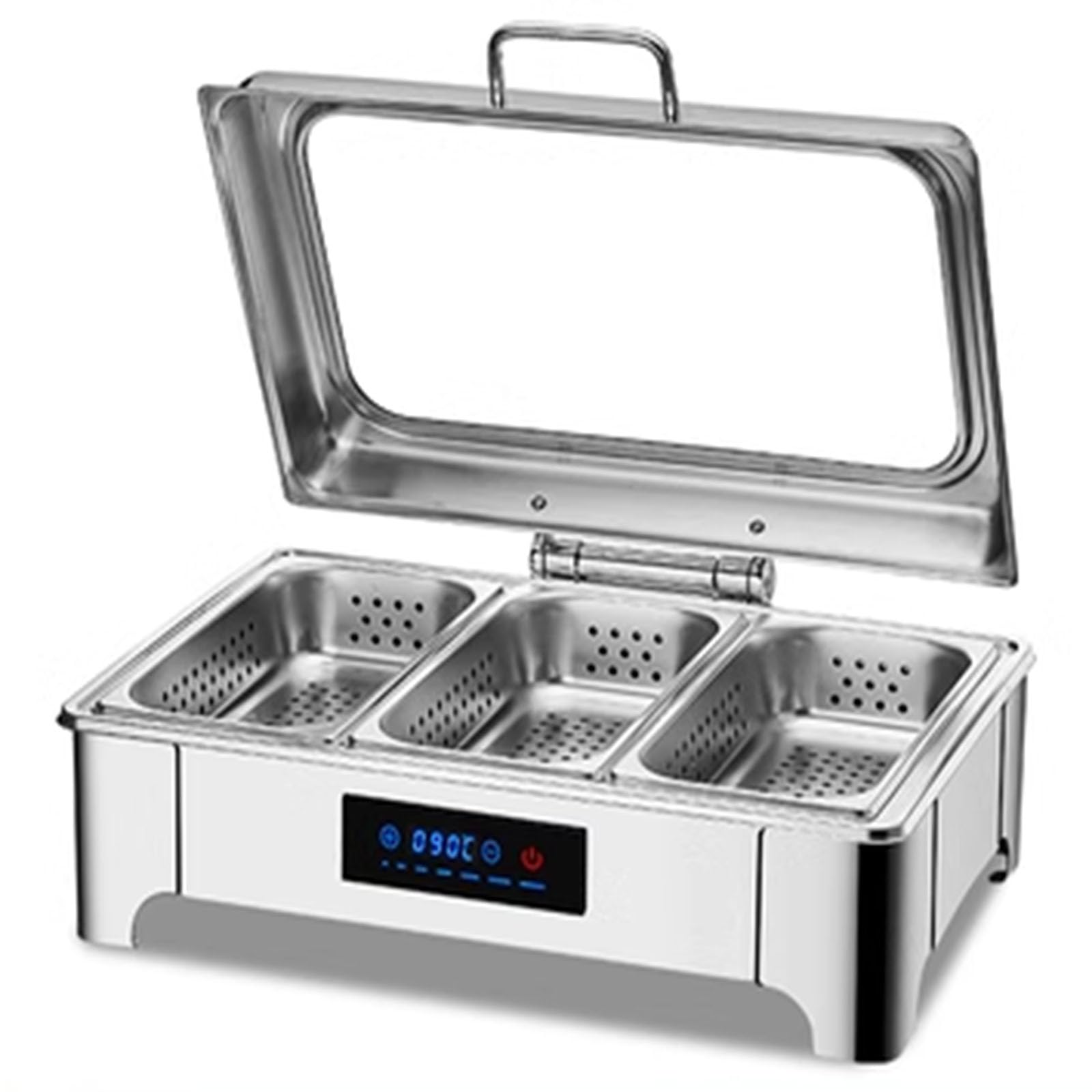 FLNOZAMZ 9L Large Capacity Chafing Dish Buffet Set, Visible Flip-top Stainless Steel Buffet Stove, LED Intelligent Temperature Control, for Event Catering Banquet (A triple grid)