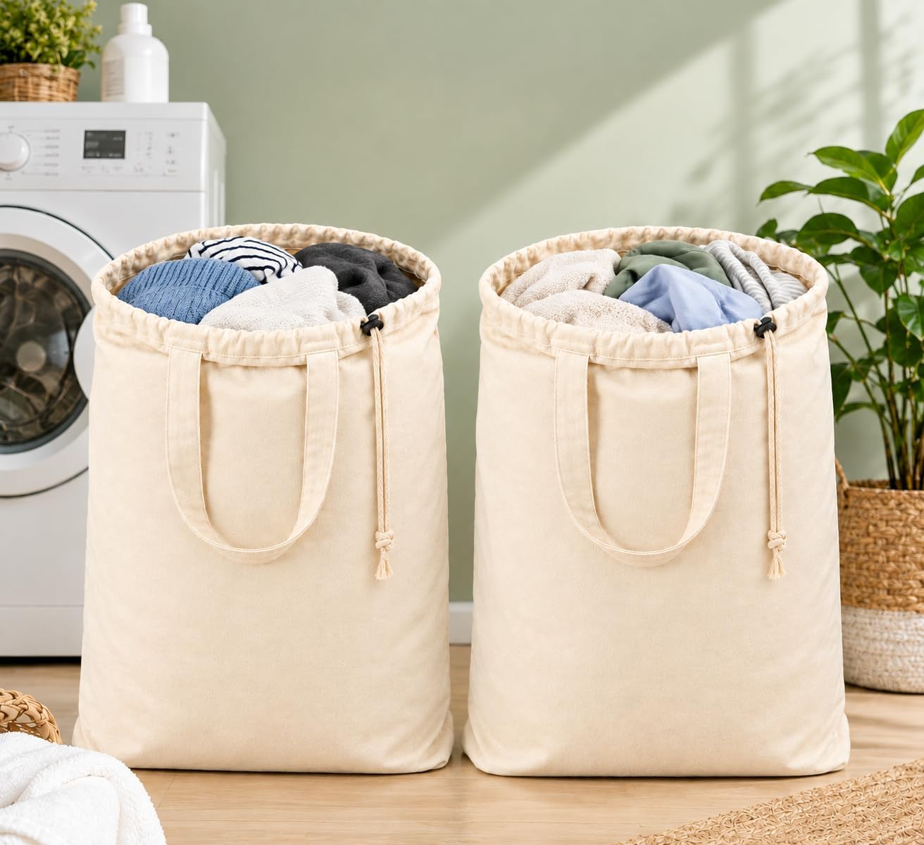 2-Pack 100% Cotton Laundry bags 28x36 inch Highly durable XXL drawstring bags with Handles 75 L