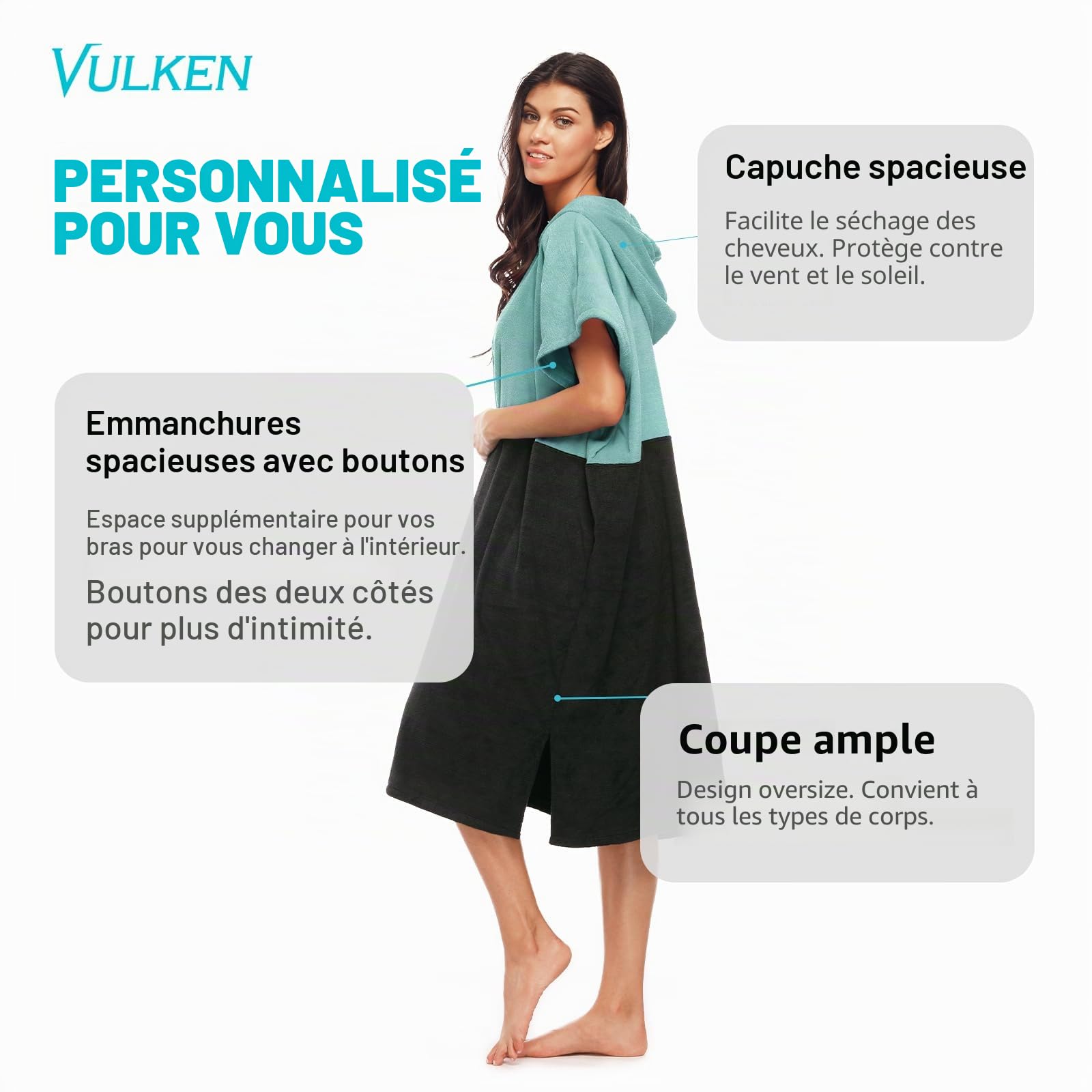 Vulken Peignoir à capuche pour femme Poncho de surf pour se changer à l’abri des regards Taille S/M Bleu pétrole