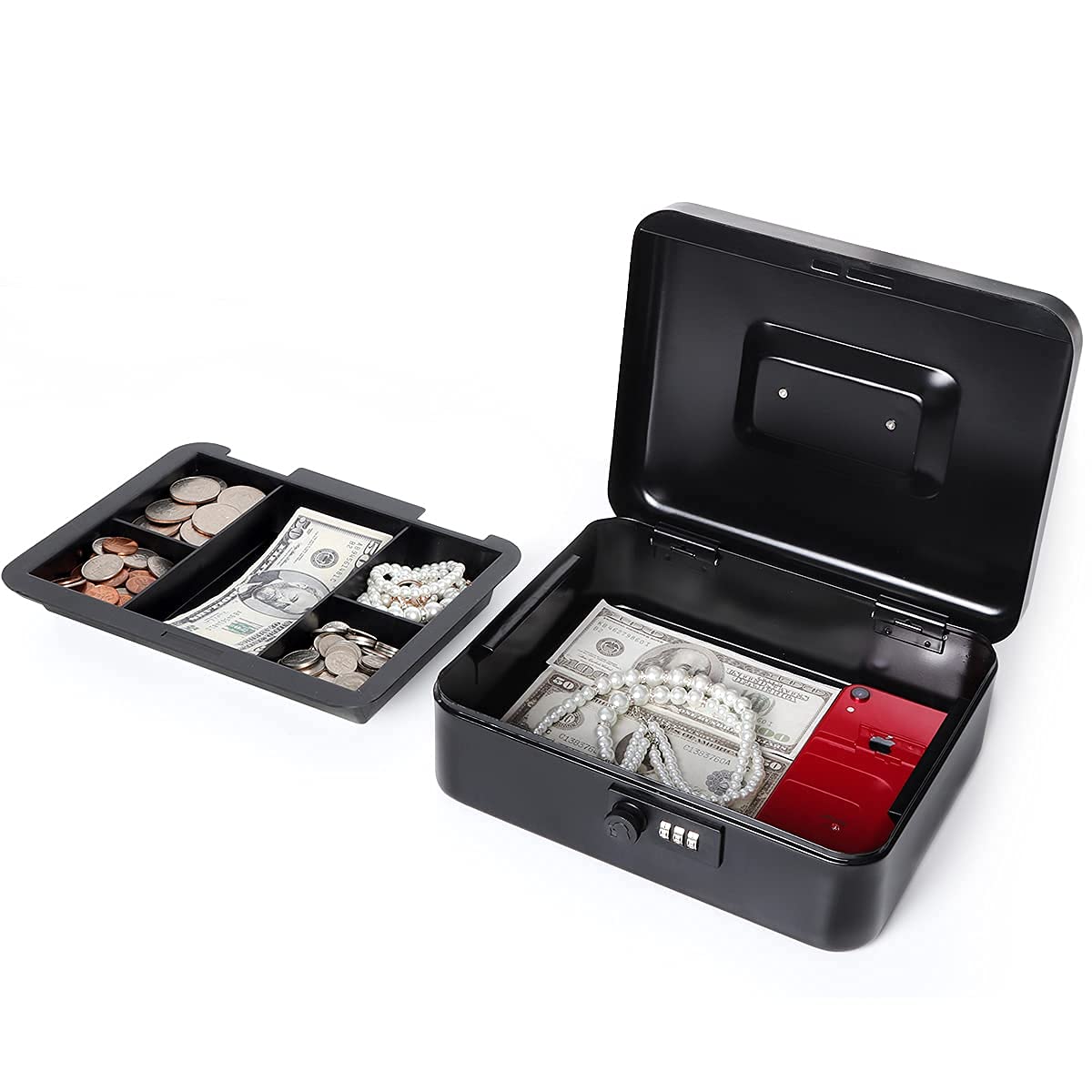 Geldkassette mit Zahlenschloss, Metall Spardose für Bargeld, Lovndi Schlossbox mit Geldfach, 9,84 x 7,87 x 3,54 Zoll, Schwarz