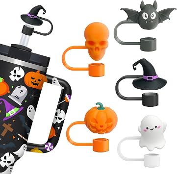 Stanley Cup 5 Pack Halloween Straw Caps - Silicone Straw Toppers for Tumbler with Ghost, Skull, Pumpkin, Bat, Witch Hat Designs - Halloween Gifts