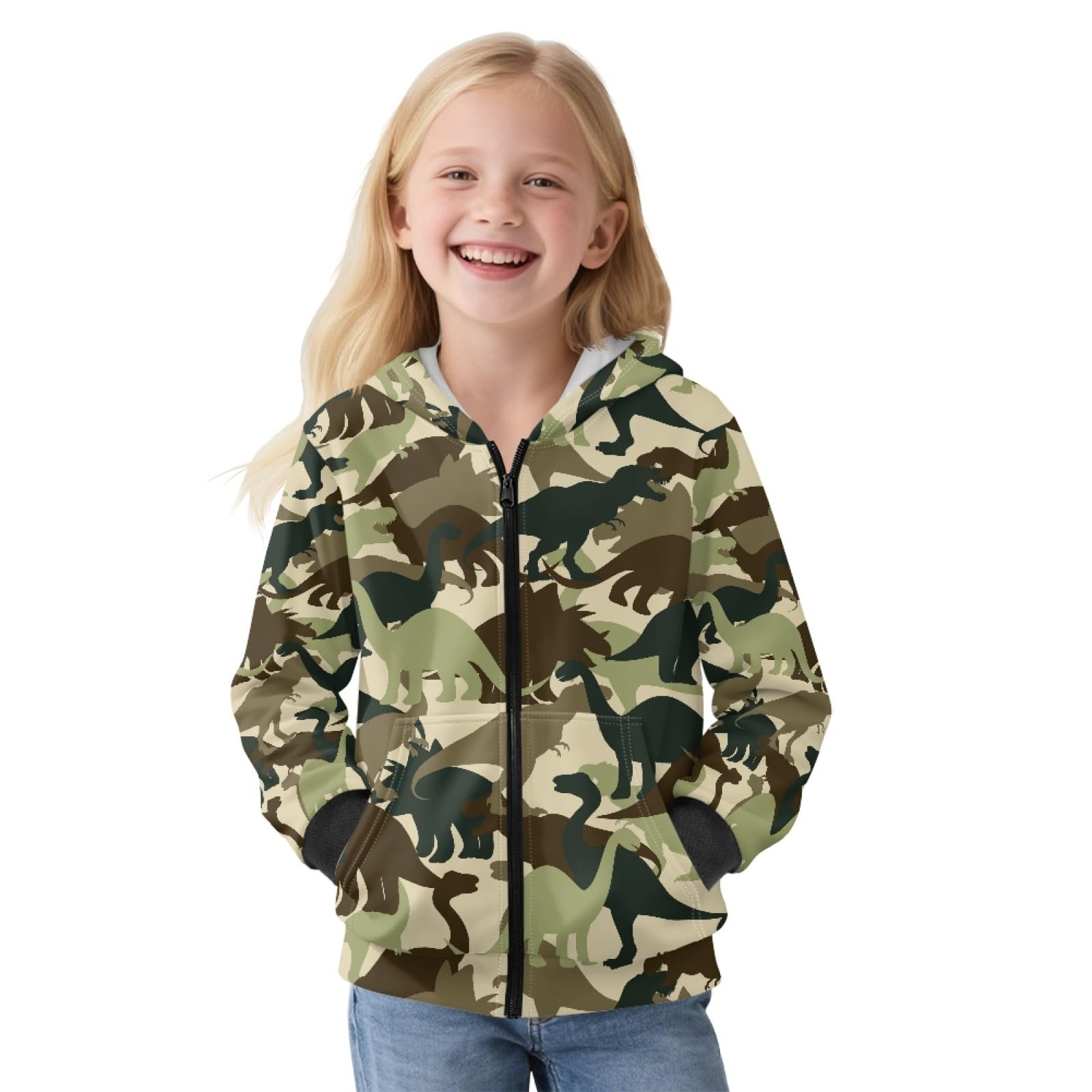 Xoenoiee Dziecięce bluzy z kapturem dla chłopców, zapinana na zamek, bluza 3D, fajna grafika zwierzęca, sweter z długim rękawem, top na jesień i zimę, Zielone abstrakcyjne dinozaury, 14-16 Years