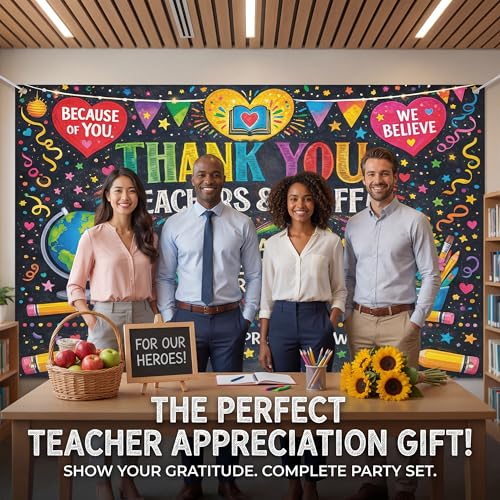 Image of Teacher Appreciation Decorations - Thank You Teachers Teacher Appreciation Week Photo Booth Backdrop Decorations | Teacher Appreciation Banner for Classroom, School Office Decor, Photo Booth Props Background