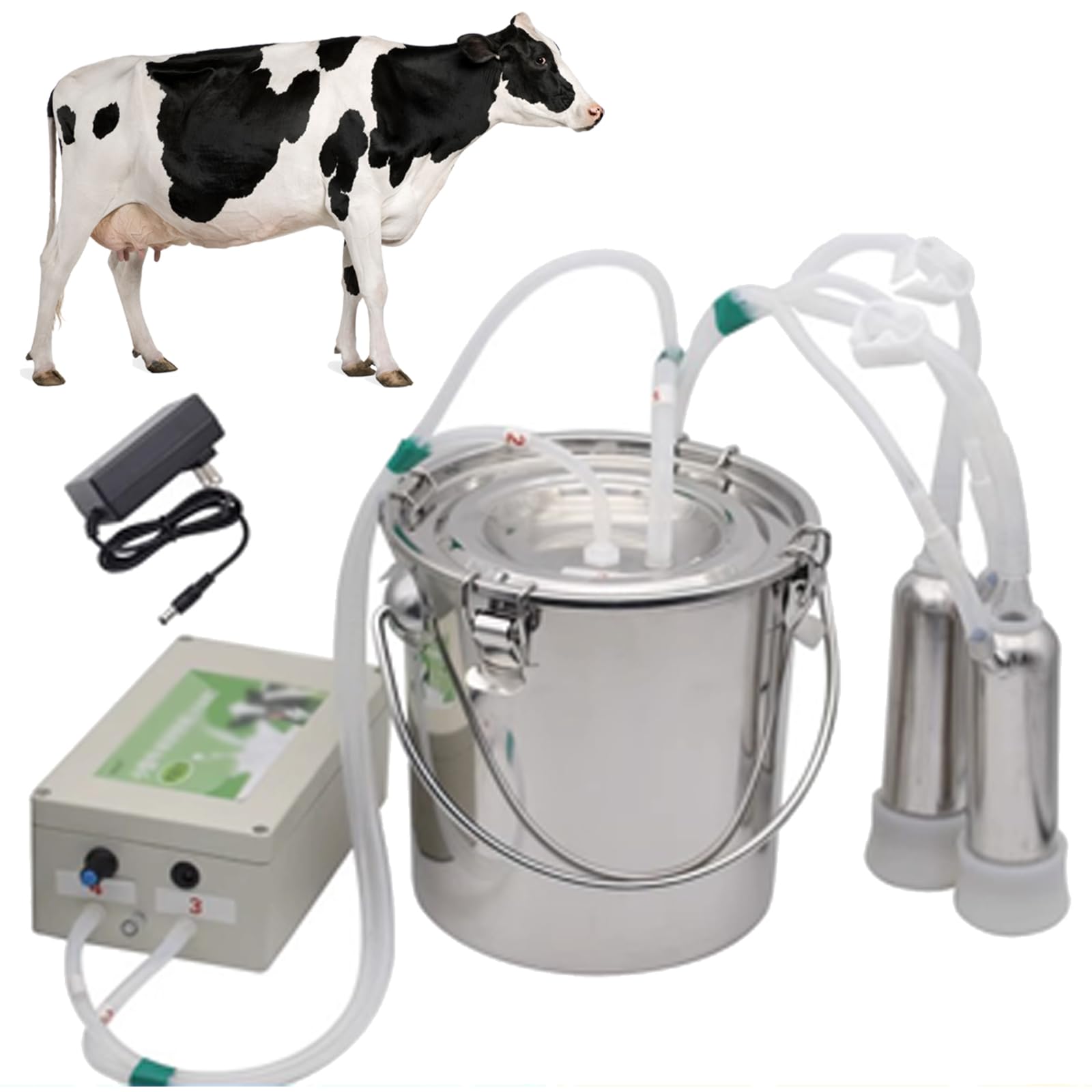 Ordeñadora eléctrica portátil, kit de ordeño de vaca de 5 litros con succión directa, succión ajustable y apagado automático, ordeñadora de pulsación para uso doméstico