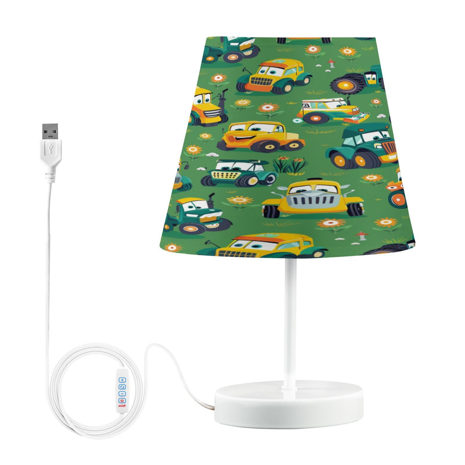 Table lamp for Bedroom Cartoon Cute Yellow Tractors Farmhouse Green 3 Color Temperatures Bedside Lamps USB Port Cylinder Table Lamp Nursery Night Light for Kids Girls Boys S