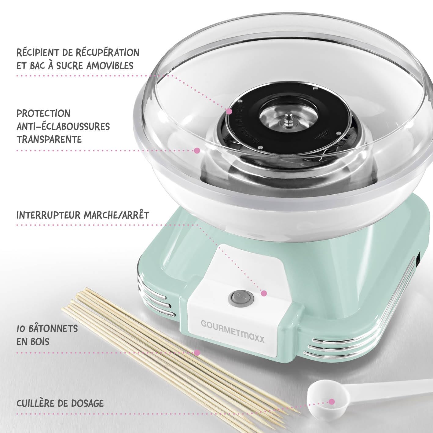 GOURMETmaxx Machine à barbe à papa pour la maison | L'original avec 10 bâtonnets & cuillère doseuse au design rétro nostalgique | Barbe a papa pour les fêtes d'enfants, les anniversaires [Menthe]