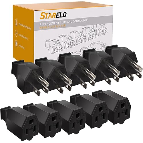 STARELO Extension Cord Ends 125V 15A 2Pole 3Wire Male Plug and Female Connector Straight Blade Plug Replacement Electrical Extension Cord End(Male & Female 5 Set)