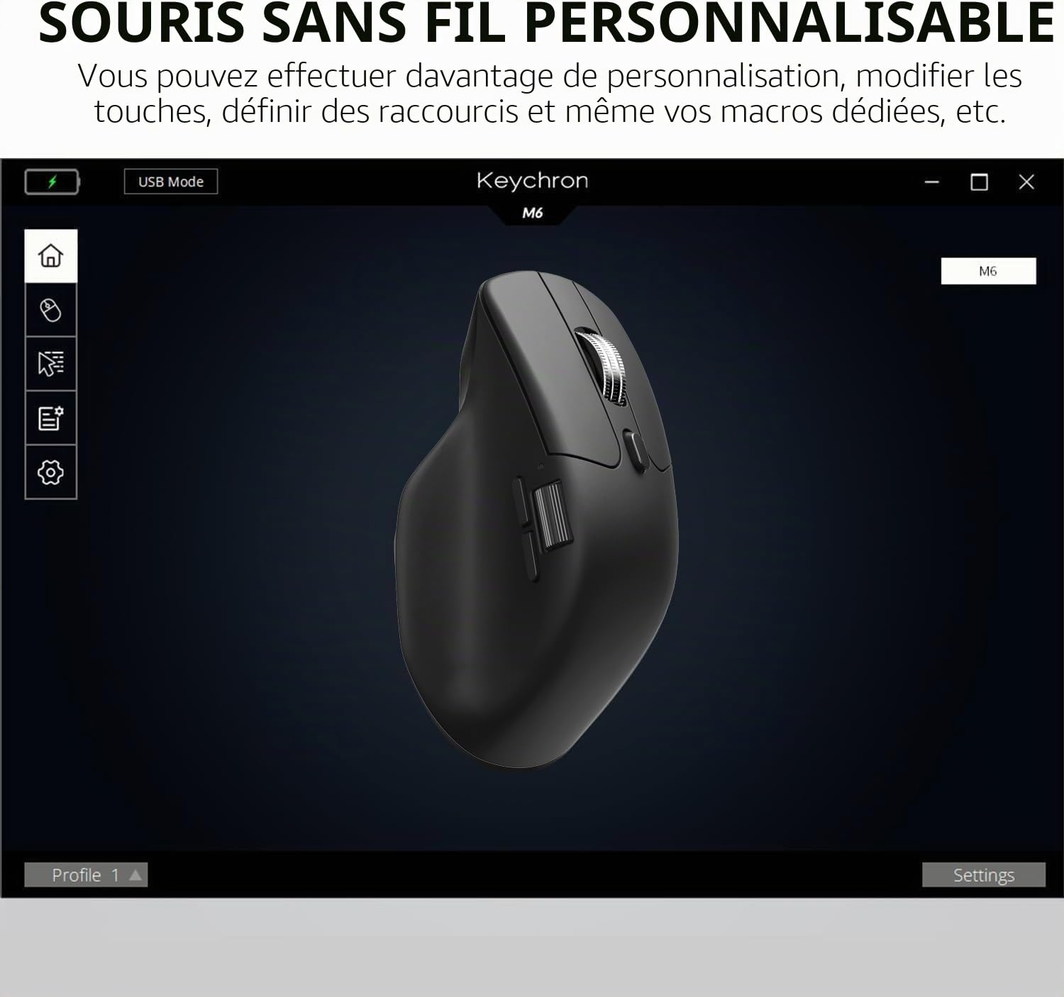 Keychron M6 Souris Optique de Jeu sans Fil, tri-Mode 2,4 GHz/Bluetooth 5.1/Filaire, capteur PixArt 3395, 26 000 DPI, Bouton Macro Ergonomique léger programmable pour Windows PC/Mac – Noir