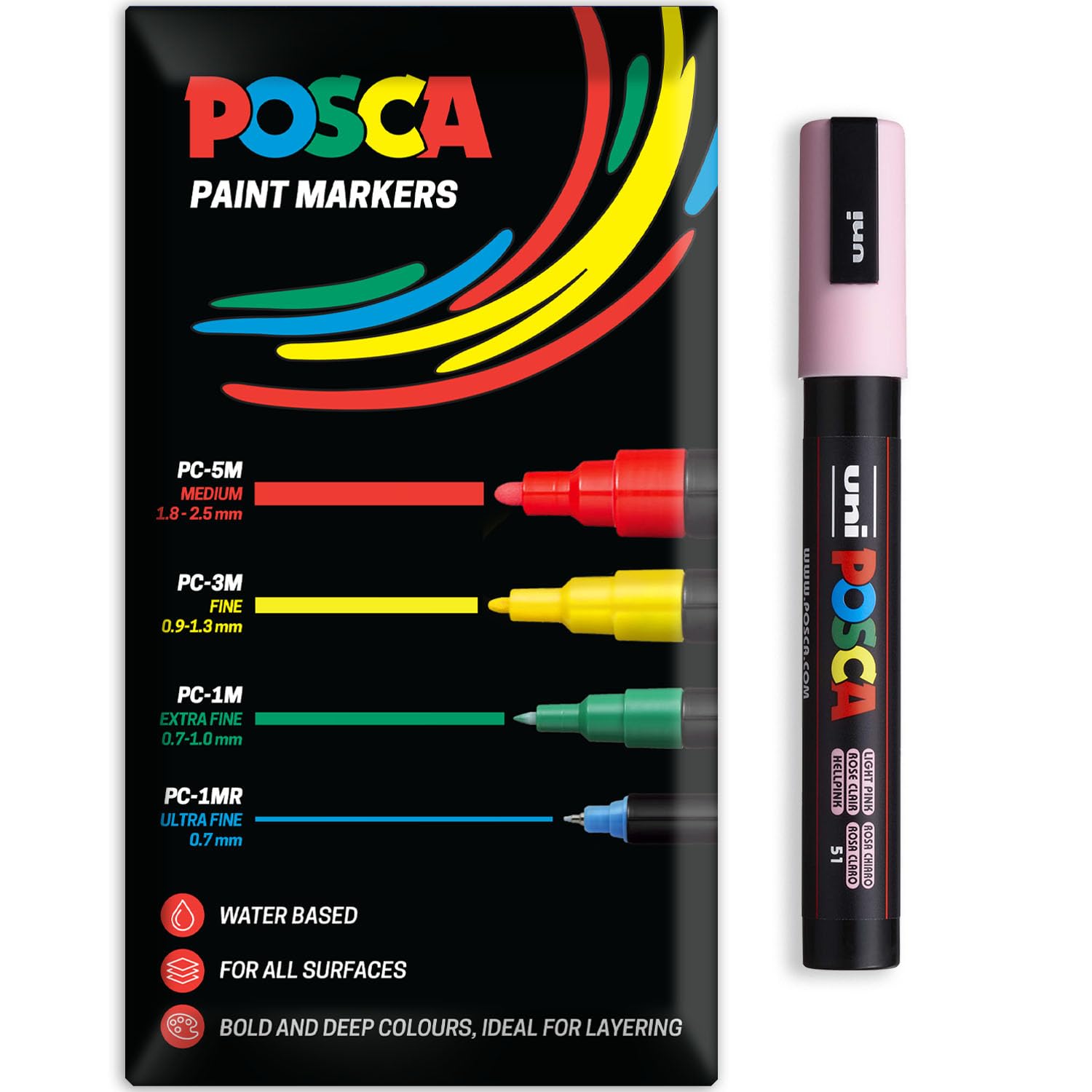 Posca Water Based Acrylic Paint Marker Pens | Multi Surface Use Permanent Paint Pen | Pack of 1 in Envelope Gift Packaging | Glass, Fabric, Canvas, Wood etc | PC-5M, Light Pink