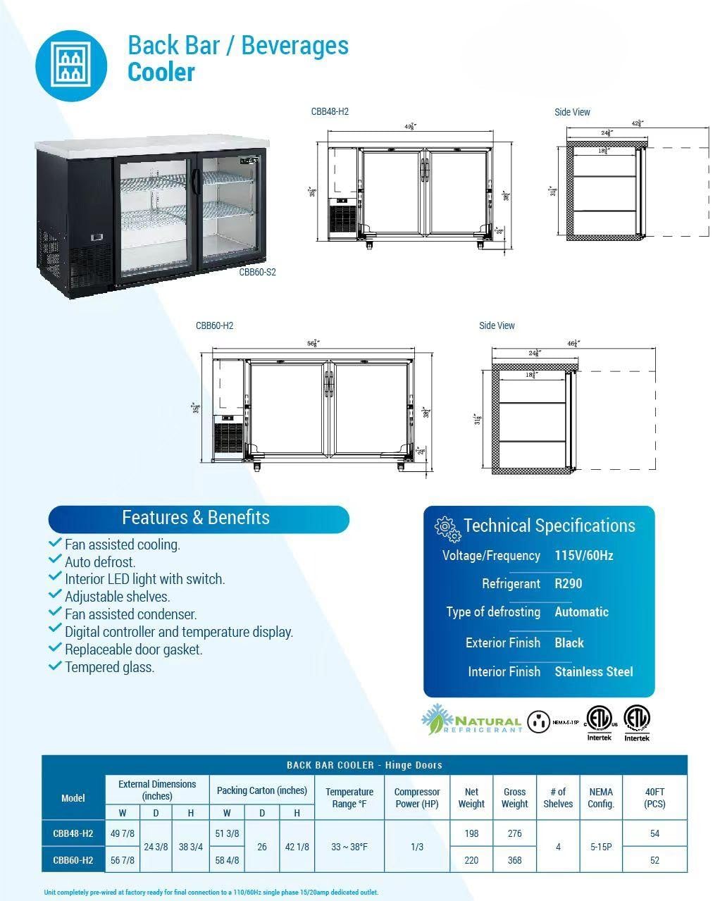 Elite Kitchen Supply Commercial Beer Back Bar Cooler Refrigerator, ETL 2 Glass Door Bottle Display Fridge Cooler Merchandiser, LED Lighting, 60" W 15.8 cu.ft.. Black CBB60H on Fridge.com
