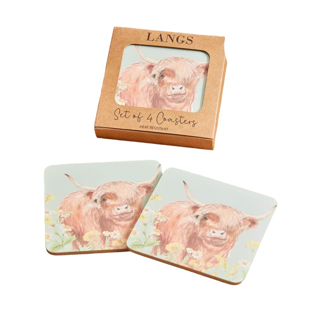 Langs Multi Colour Drink Coasters Set Of 4 Cork Square Highland Cow Heat Resistant Coffee Cup Mat