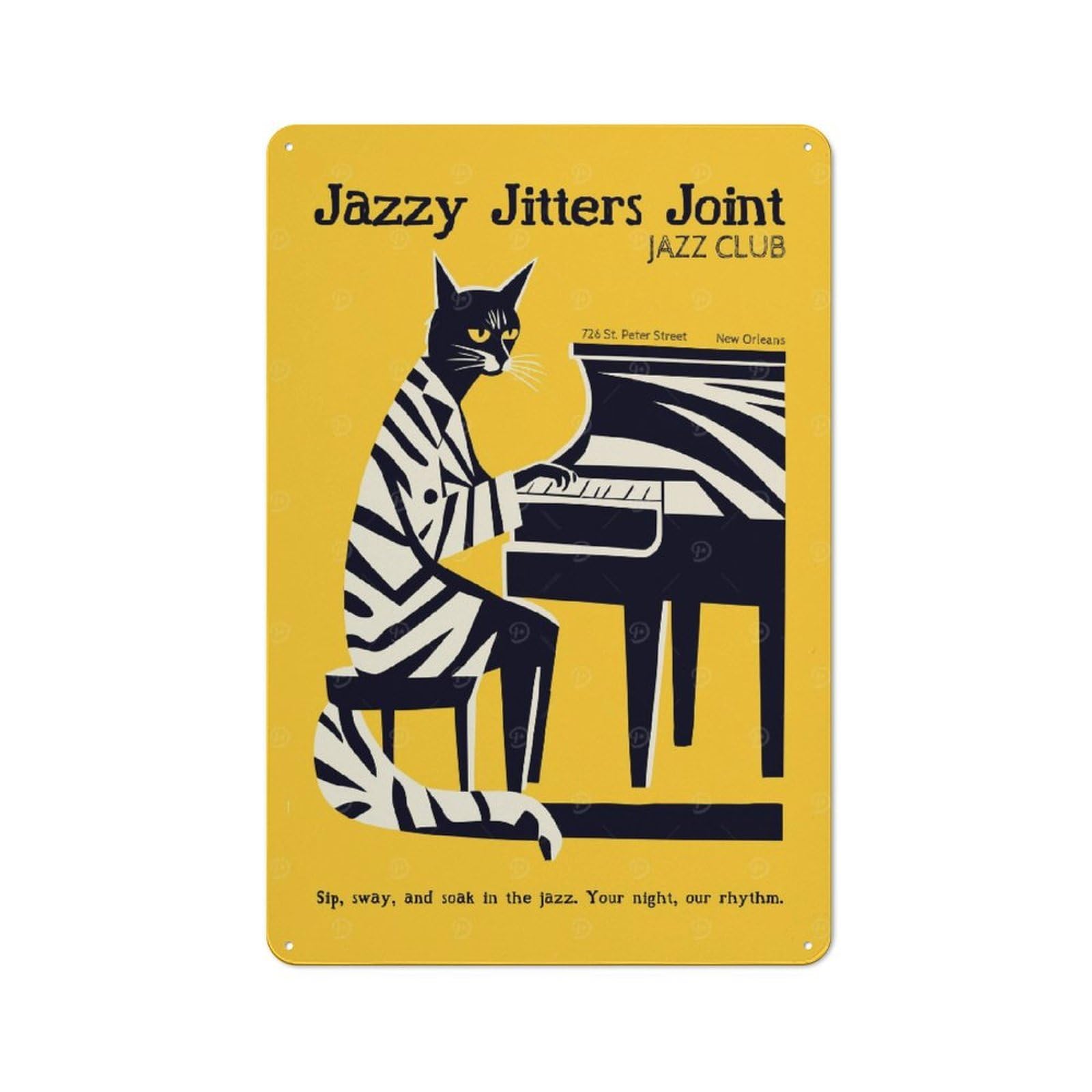 Junmoney Style-8 Jazz Club Cat Retro Creative Metal Wall Decor 30X20cm, Decorative Metal Sign For Office, Study, Studio Or Hallway