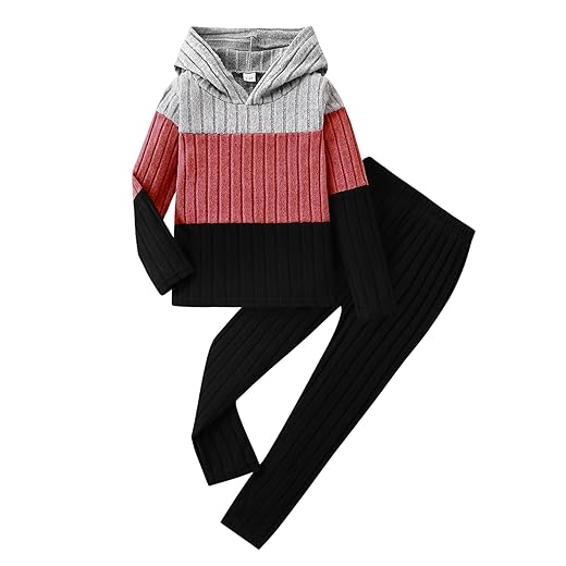 Toddler Kid Girls Clothes Ribbed Color Block Long Sleeve Hoodie Sweatsuit Set Fall Outfits