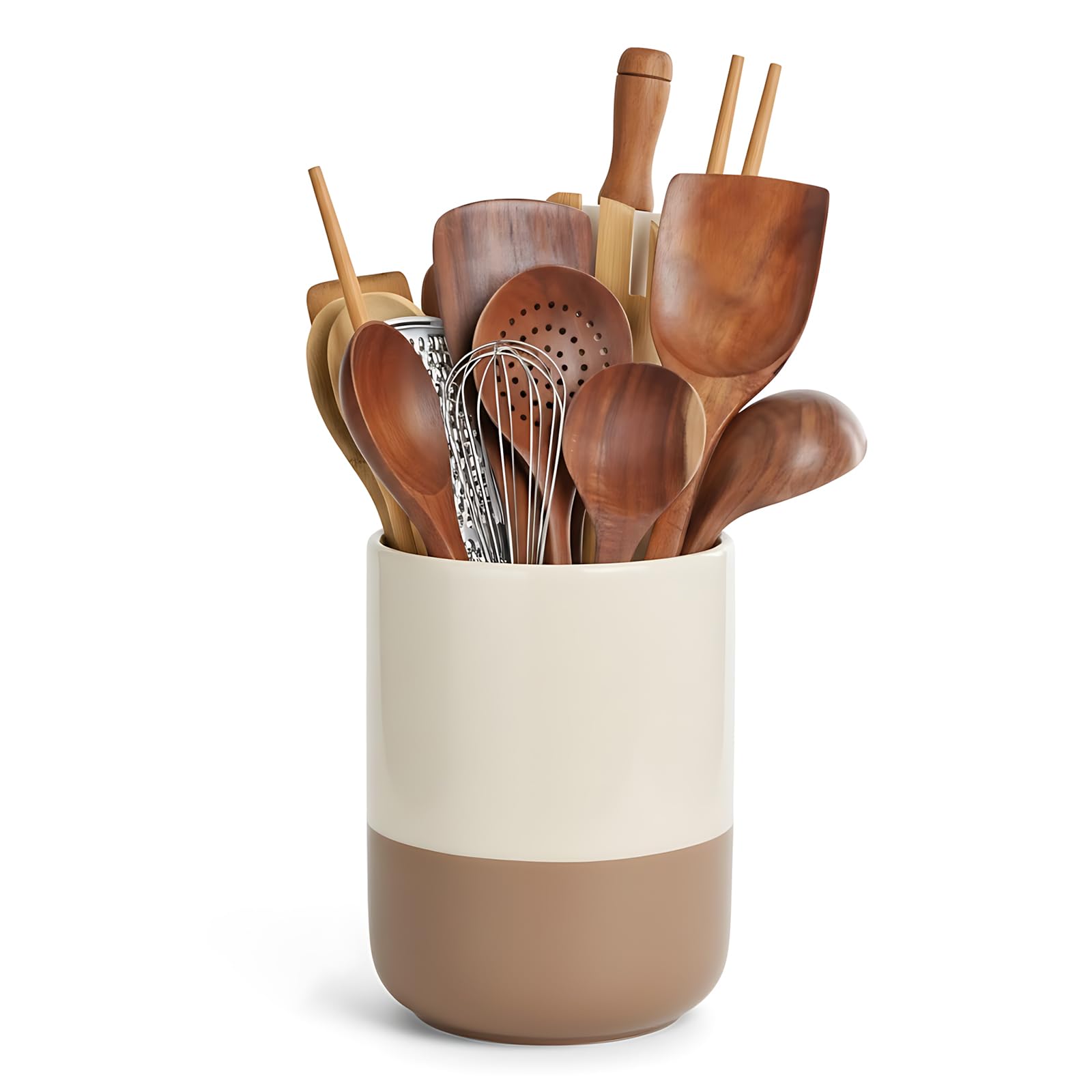 Ptrin Creamy Yellow Utensil Holder, H16xd12cm Ceramic Kitchen Utensils Holder, Large Cooking Utensil Pots For Kitchen Counter, Morden Utensil Organizer For Spatula(Creamy Yellow)