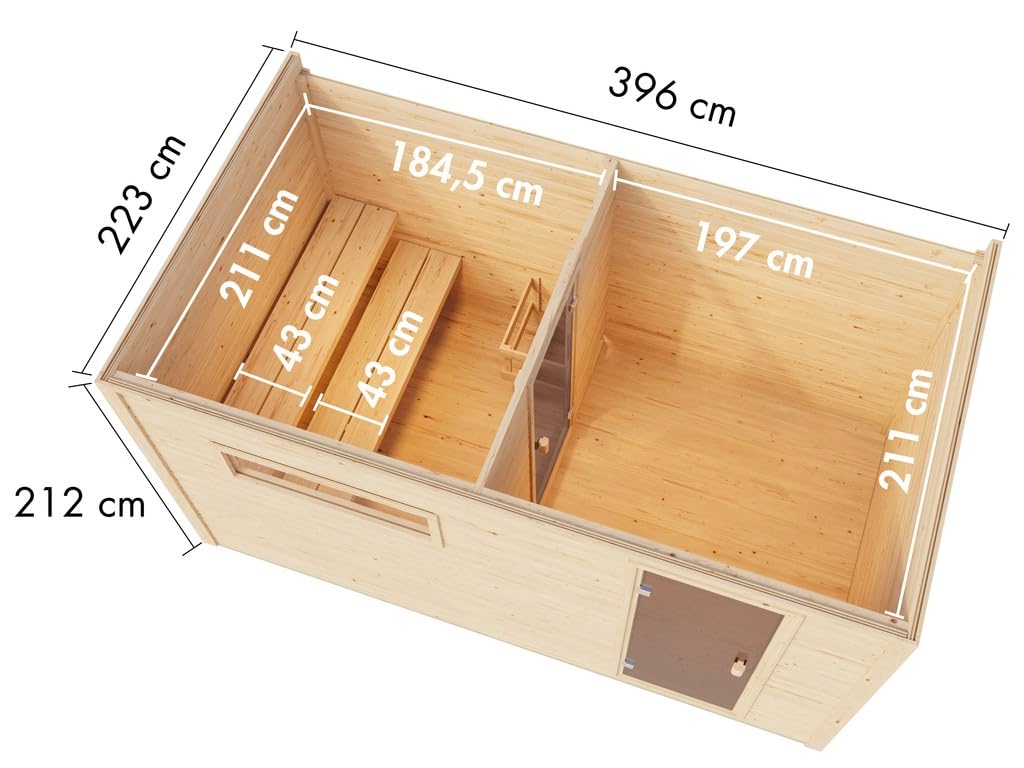 Karibu Gartensauna 396,1x224,9x212,4cm│Außensauna mit Vorraum│mit bronzierter Glastür & 2 Liegen│Fronteinstieg│Massivholz│für 2–4 Personen + Boden