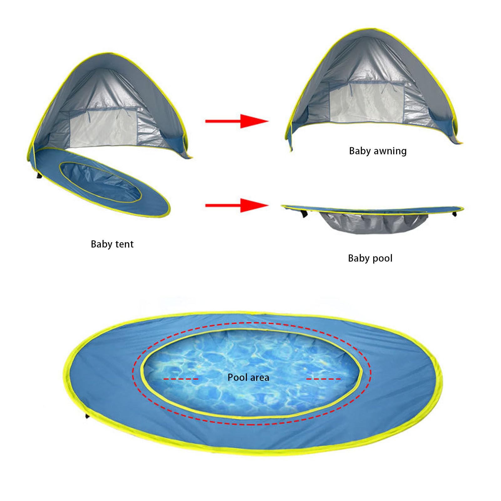 Tente de Plage, Abri Solaire Escamotable avec UPF 50+ et Piscine pour bébé Intégrée, Tente de Plage Légère et Portable pour bébé, Tout-Petits, Voyage et Camping (Blue)