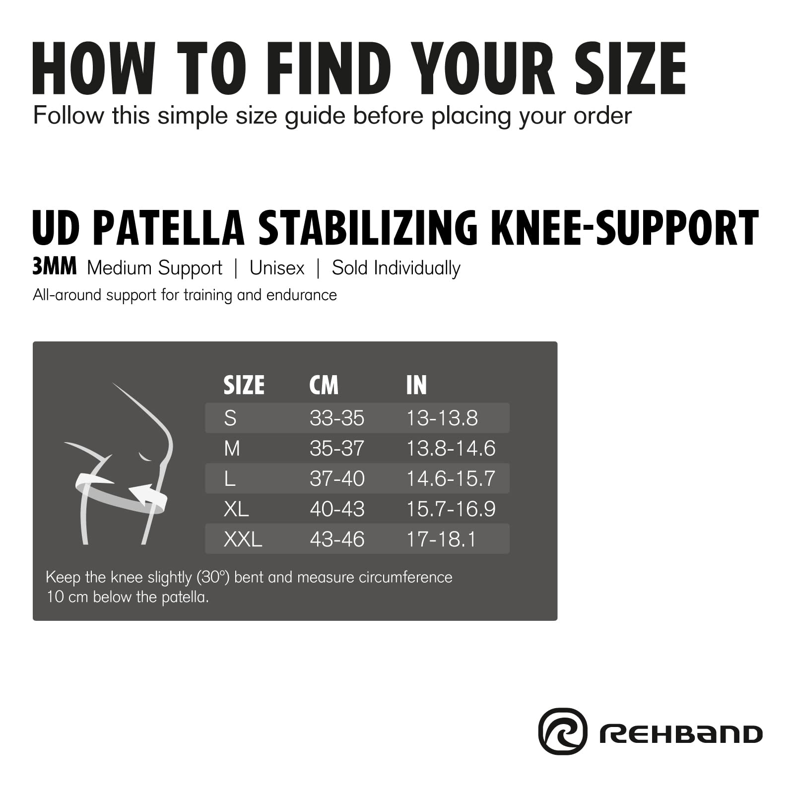 Rehband UD ginocchiera con apertura rotulea, fascia stabilizzante per tendine rotuleo in neoprene SBR da 3 mm, supporto anatomico ginocchio per donna e uomo, Colore:Nero, Misura:S