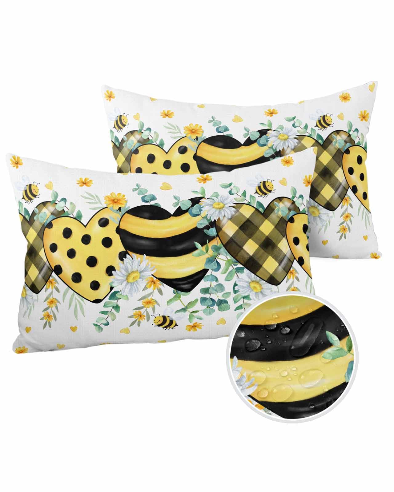 Boanket Lumbar Pillow Covers 12 x 20 Inches, Summer Botanical Waterproof Throw Pillow Cover Set of 2, Yellow Black Love Heart Bee Home Decorative Rectangle Cushion Covers for Patio/Tent/Couch/Garden