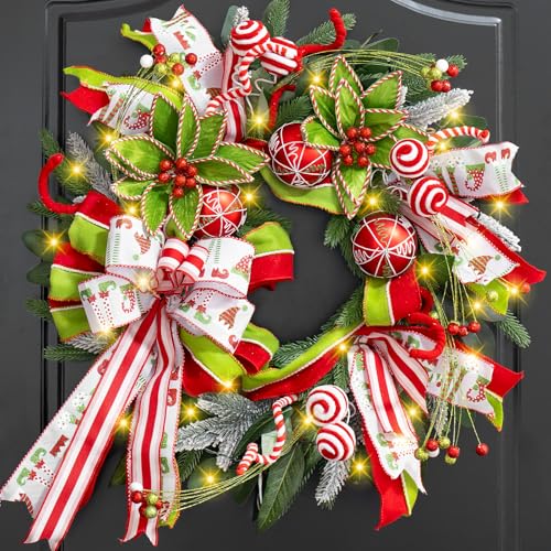 Christmas Wreaths for Front Door, Soomeir 24 Inch Christmas Wreath with Red Green Ribbons, Berries, Bows and Balls, Decor Decorations for Home Wall Window Porch Indoor Outdoor