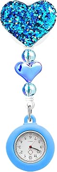 Nurse Watch Retractable Clip, Bling Heart Nurse Fob Watch with Second Hand Blue