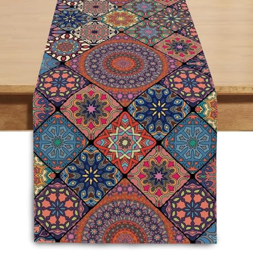 Boho Table Runner 13 x 72 Inch Vintage Geometric Table Runner for Dining Table Kitchen Coffee Table and Dresser Linen-Textured Fabric Machine Washable
