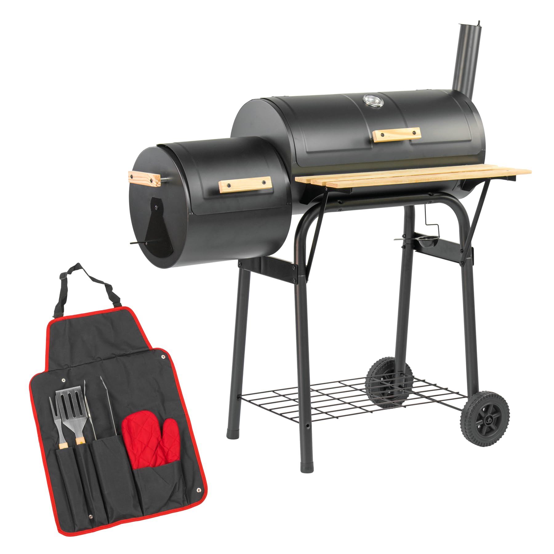 KCT Outdoor Multifunction BBQ Smoker with Multi Tool Set - Portable Grill with 2 Cooking Chambers, Shelves and Intergrated Thermometer for Garden Patio