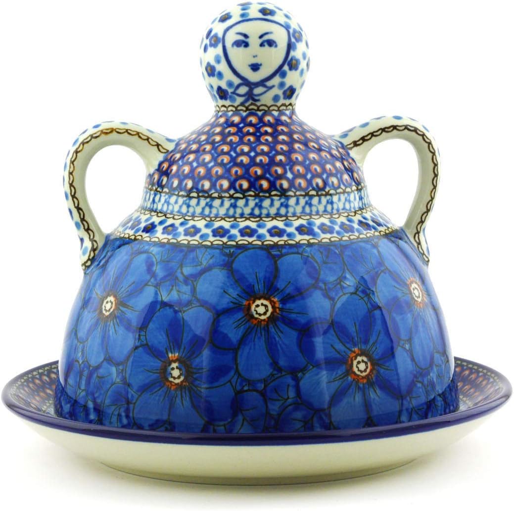 Polmedia Polish Pottery Cheese Lady UNIKAT - Cobalt Poppies Pattern Handmade in Boleslawiec Poland by Ceramika Artystyczna + Certificate of Authenticity