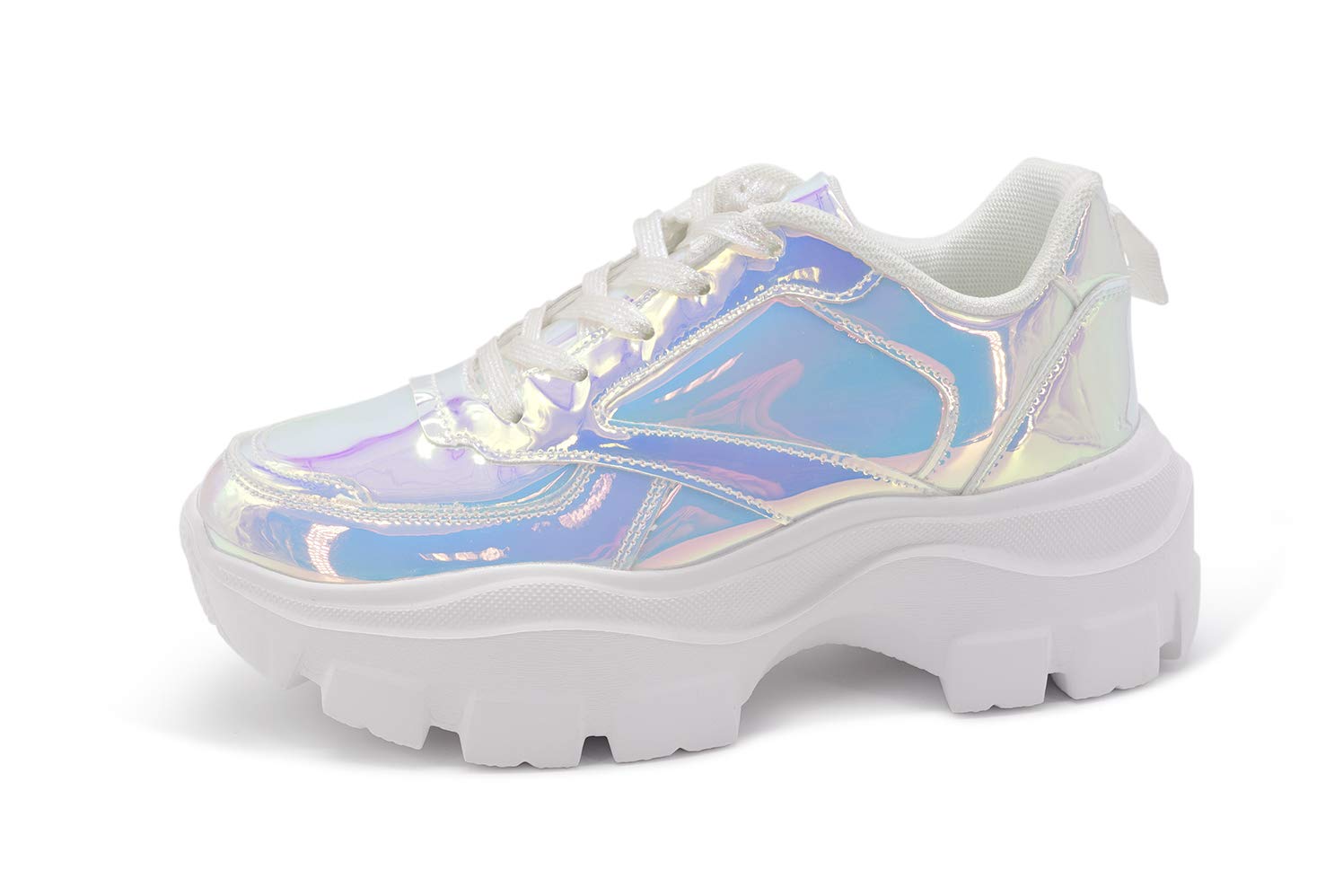 LUCKY STEPWomen Chunky Platform Dad Colorblock White Neon Green Fuchsia Hologram Silver Casual Lace-Up Walking Sneakers