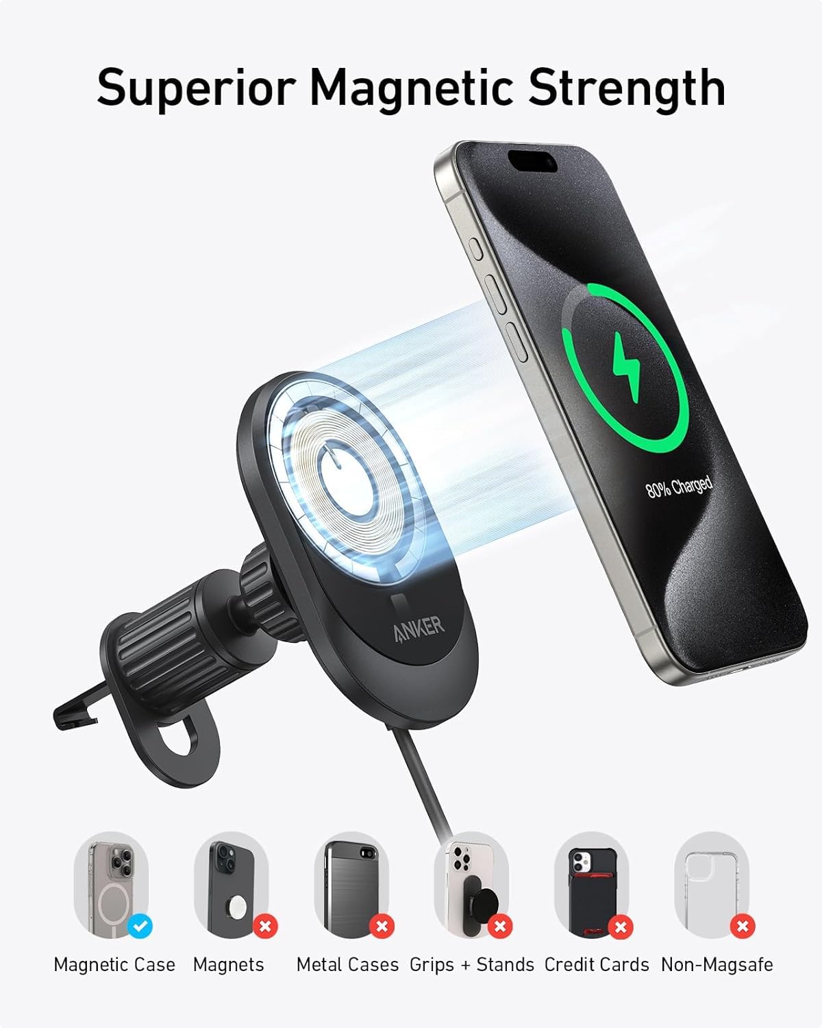 Anker MagGo Qi2 - Caricatore da auto wireless da 15 W, supporto magnetico, ricarica rapida per iPhone serie 12-16, angolo di visione regolabile, USB-C, nero