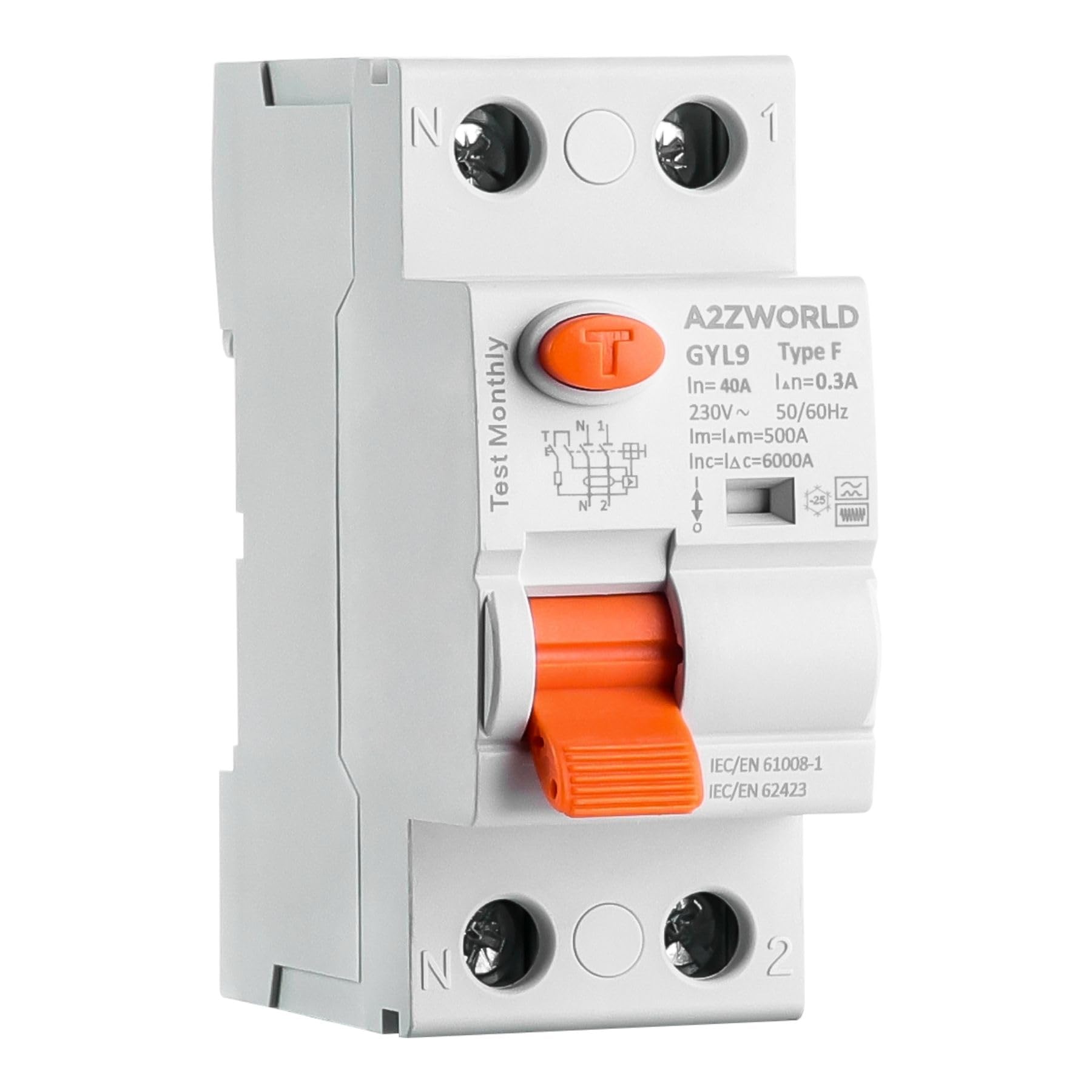 Interruptor Diferencial Tipo F 40A 300mA 1P+N 6kA, 2 Módulos, Selectivo 0,3A, para Inversor y Bomba de Calor