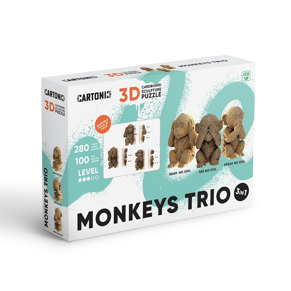 Affen Trio kartonowe puzzle 3D – 3 modele, 280 części, z materiałów pochodzących z recyklingu, rzeźby DIY