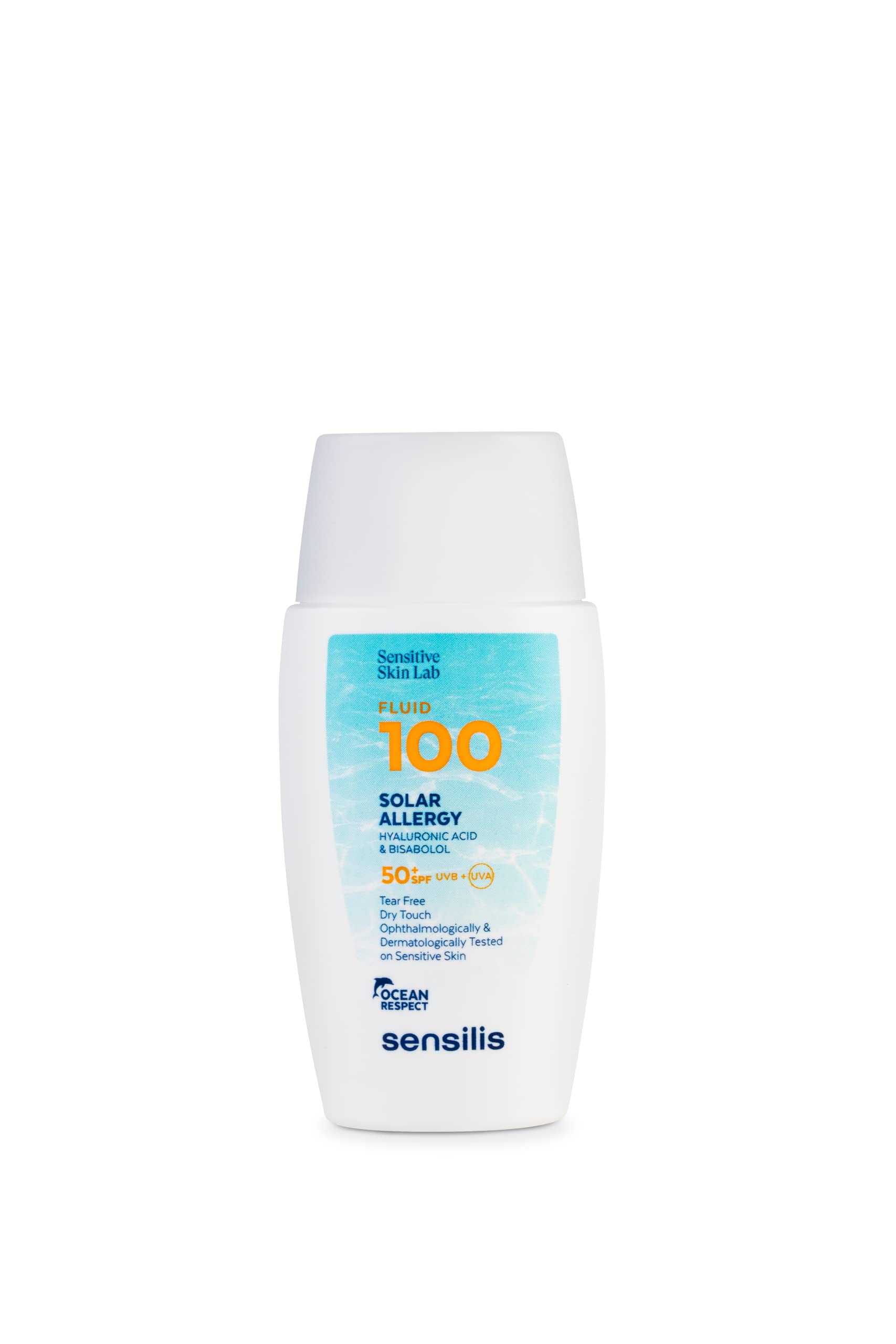 Sensilis - Fluid 100 Solar Allergy SPF50+, Protector Facial UVB y UVA Ultrafluido Antiedad e Hidratante,con Ácido Hialurónico y Vitamina E, para Pieles Sensibles, Ocean Respect - 40 ml