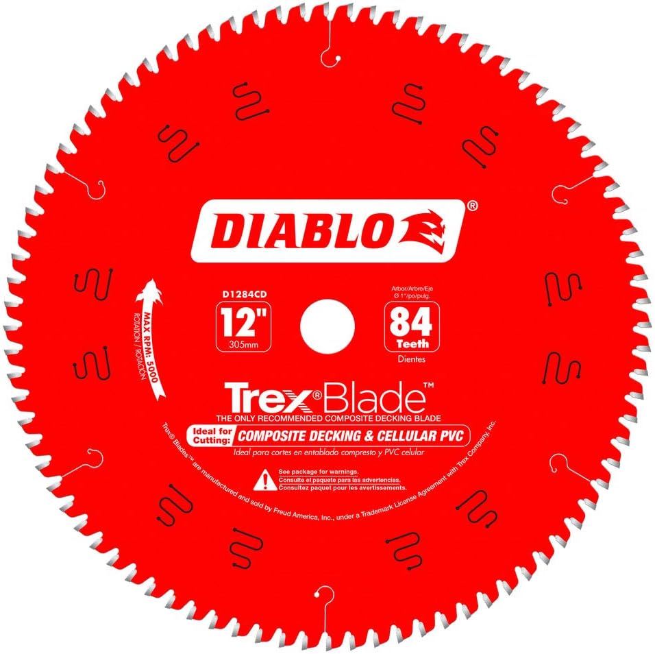 Diablo TrexBlade Saw Blade for Composites and Plastic - 12" Diameter, 84 MTCG Teeth, 1" Arbor, .102" Kerf, -3° Hook Angle, .071" Plate, 5000 Max RPM - D1284CD