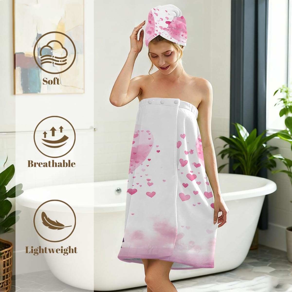 Mikrofaser-Duschtuch für Damen, mit Haar-Handtuch, Aquarell-rosa Herz zum Valentinstag, weiche Körperwickel, Kleid mit Haartrocknungskappe für Strand, Pool, Spa, 2 Sets