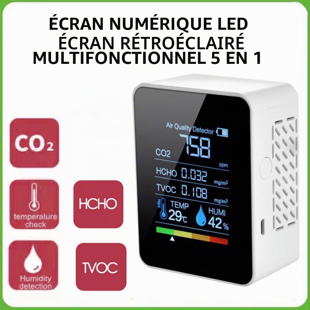 Détecteur de dioxyde de Carbone 5 en 1 Détecteur de qualité d'air intérieur CO2 Compteur numérique TVOC HCHO Moniteur de température et d'humidité Testeur de rétroéclairage (Blanc)