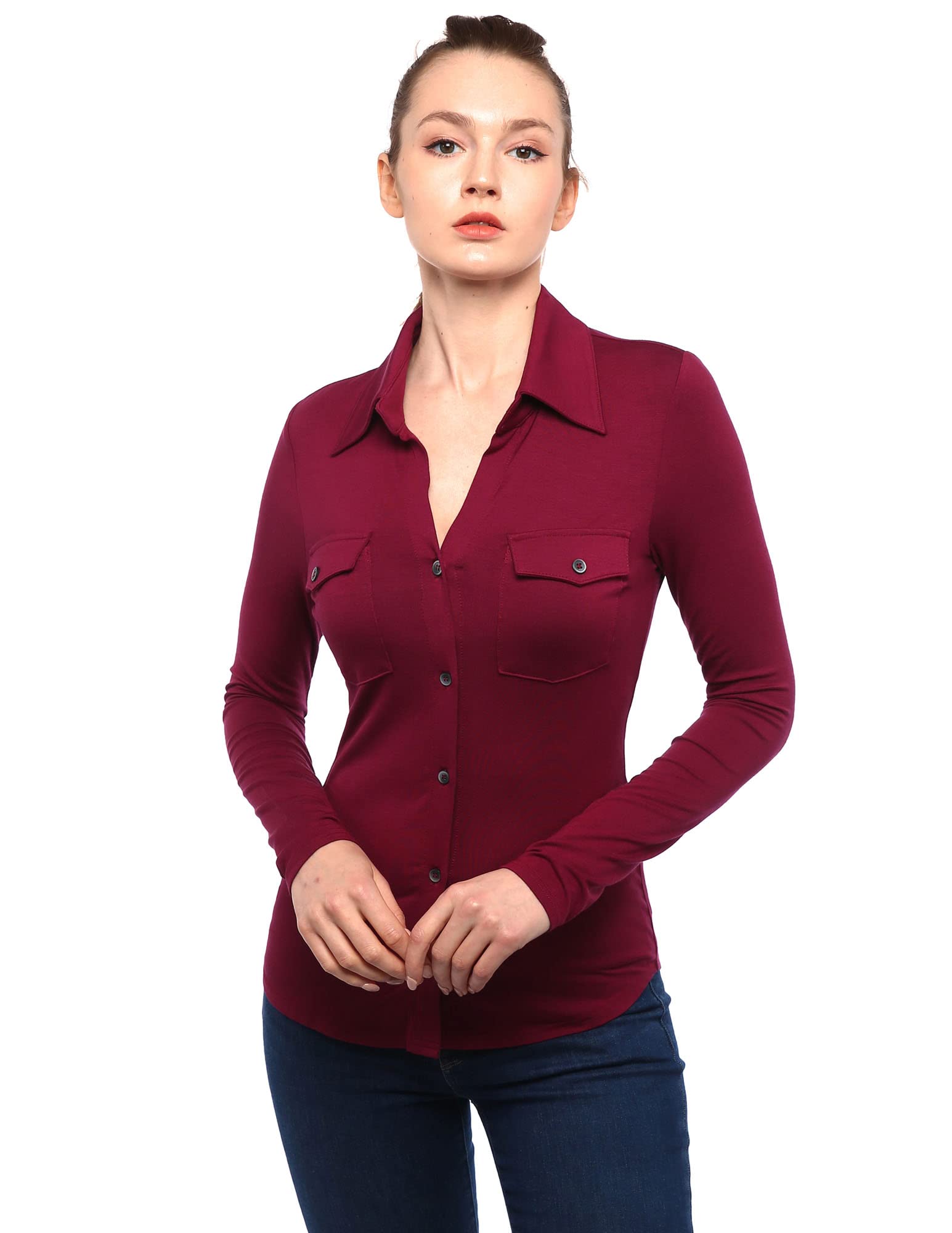 Amélieboutik Women's Dark Magenta Collar Button Up Short/Long Sleeve Blouse Shirt, Xs