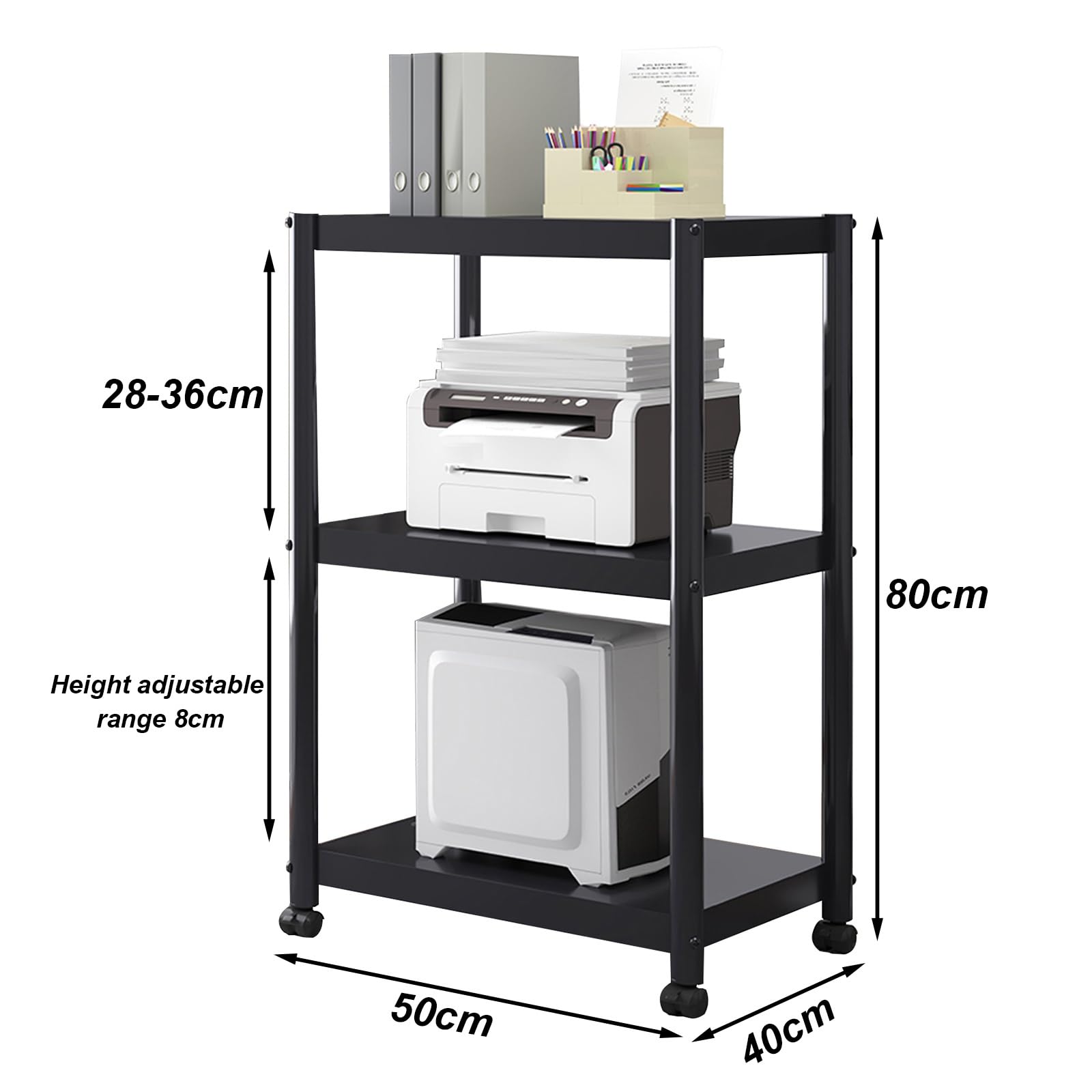 Soporte metálico para Impresora con Ruedas, Carrito de Almacenamiento de 3 Niveles Que Ahorra Espacio, con estantes rodantes para escáner y Prensa térmica | Mesa Multiusos para el