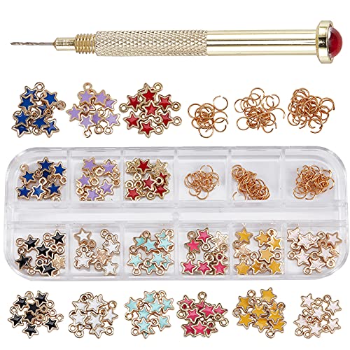 NICENEEDED 153Pcs Dangle Nail Art Charmes Ensemble, Charmes de Perçage D'Ongles Étoiles Colorées Dangle et Anneaux de Saut Ouverts Charme D'Ongle avec Outil...