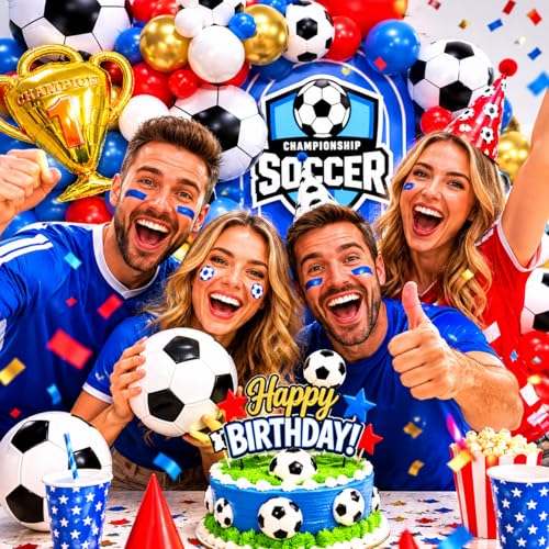 Image of Soccer Party Decorations 161Pcs, World Soccer Balloon Garland Arch Kit with 18'' Football Foil Balloons, Blue Red White Football Print Balloons for Boys Sports Fan Birthday Soccer Party Decor