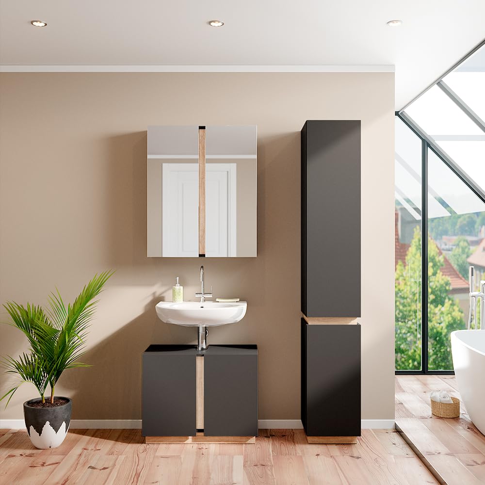 Vicco Badmöbel-Set Gloria, Anthrazit, 70 cm, besteht aus Waschbeckenunterschrank, Spiegelschrank und Hochschrank