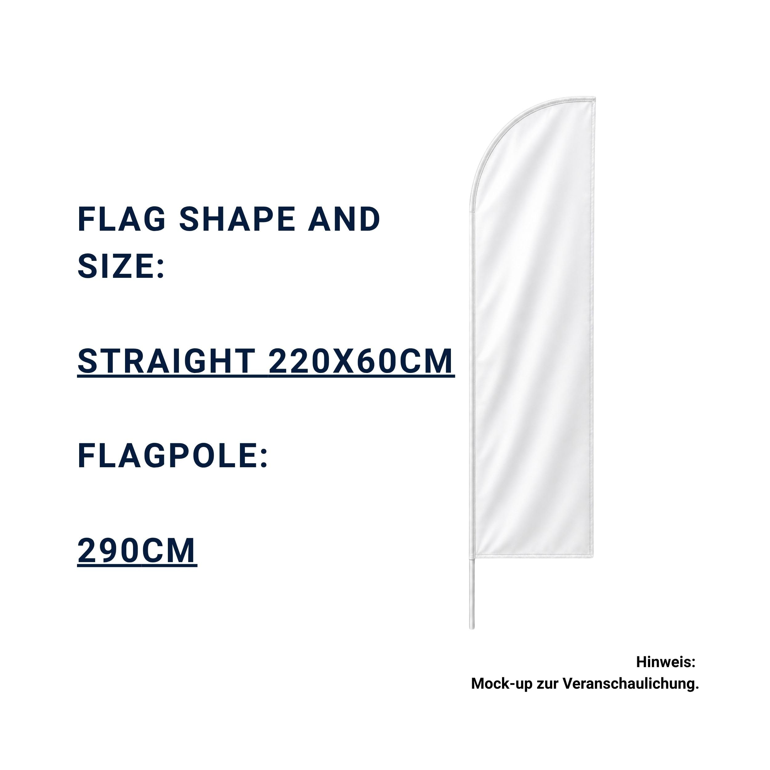 Beachflag selbst gestalten - Fahne mit eigenem Logo 220x60cm/ST mit Mast | Werbefahne mit Foto, Text; Beachbanner, custom Flag; ohne Halterung, mit Fahnenmast 290cm