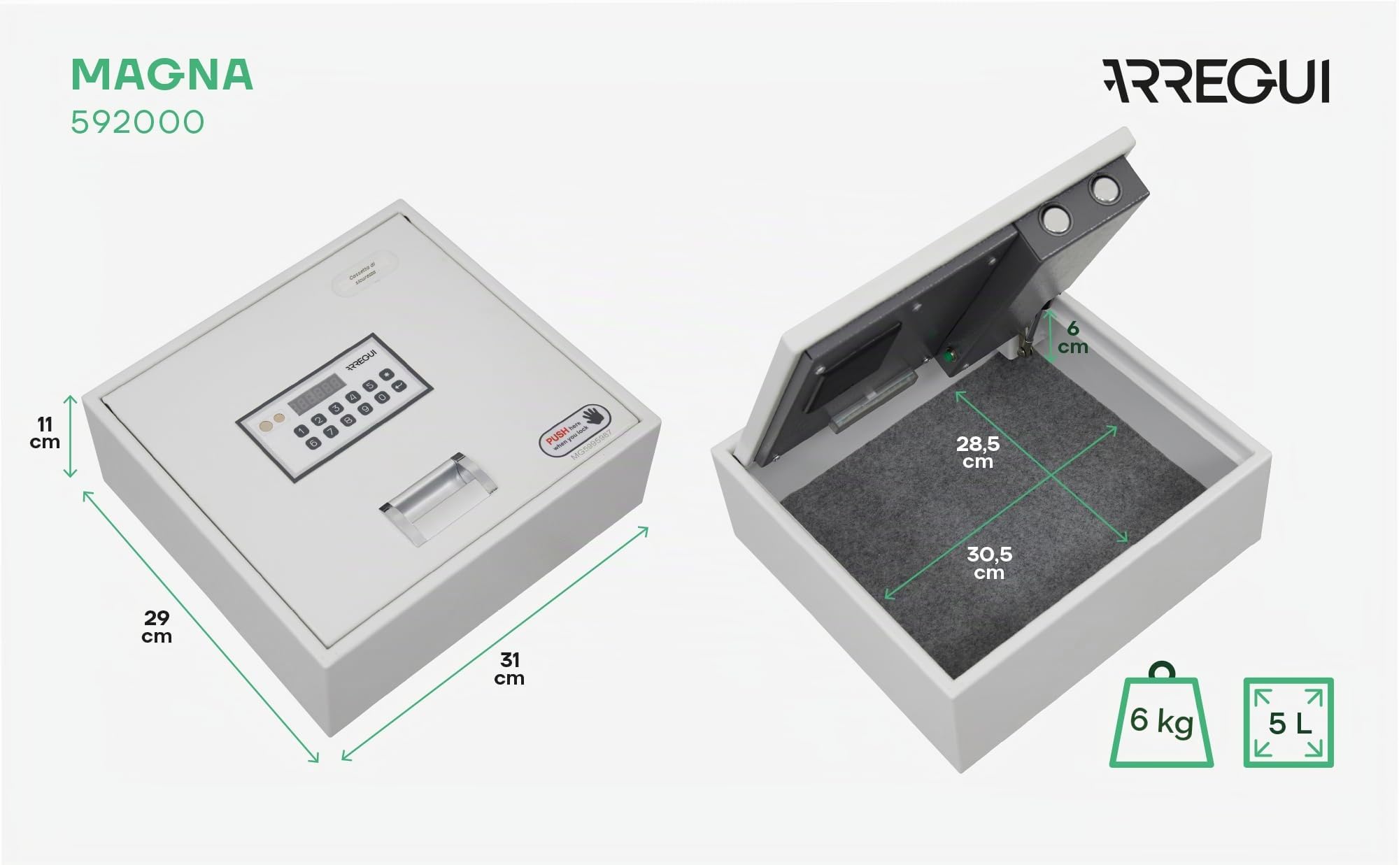 ARREGUI Magna 592000 Cassaforte nascosta nel pavimento dell'armadio | Nascondi per soldi a casa | Cassaforte Camuffata per la casa con codice | Cassetta di sicurezza elettronica | 11x31x29 cm | 5L