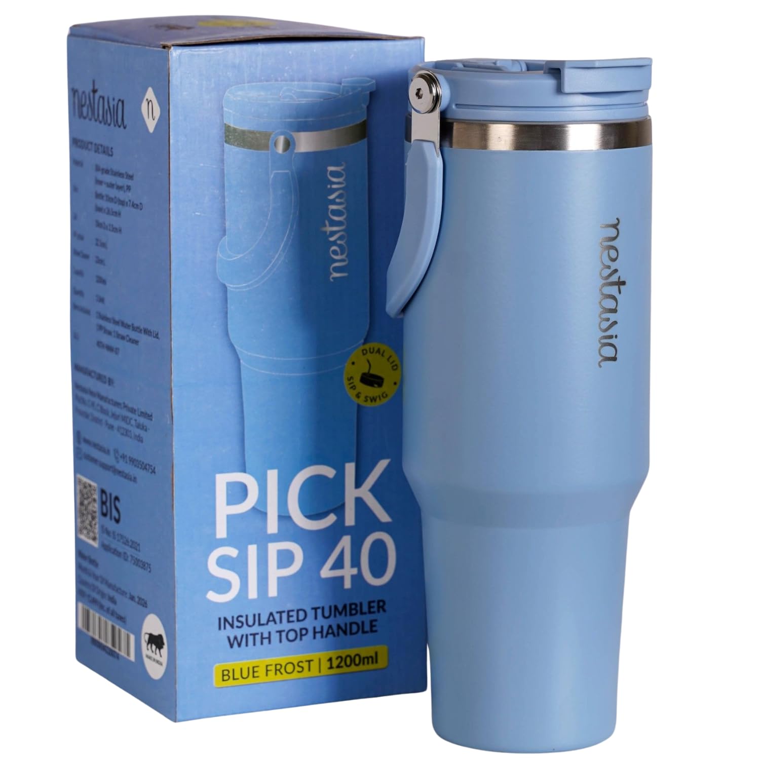 Nestasia PickSip40 Tumbler with Straw & Top Handle 1.2L | Two Sided Lid with Sip & Gulp - Leakproof & Dustproof | Insulated Stainless Steel Sipper Water Bottle for Adults for Office & Gym (Blue Frost)