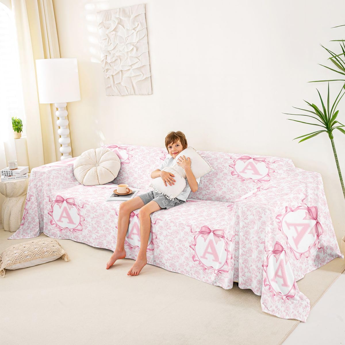 Homewish Baby Rosaschleife Sofaüberzug Personalisierter Buchstabe Anfangsbuchstabe A Couch Überwurfdecke 180x381 Frühlingsfloral Sofa Cover Schleife Kokette Sofahusse