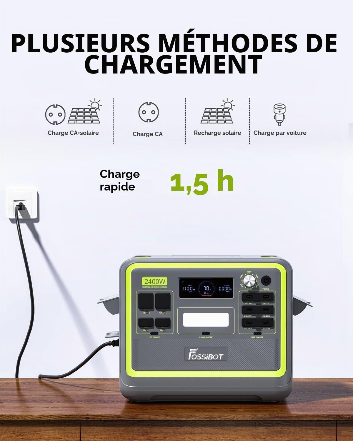 FOSSiBOT F2400 Lifepo4 Générateur solaire portable 2048 Wh 2400 W (crête 4800 W) 230 V 3 CA Sortie 230 V 3 AC Charge super rapide pour groupe électrogène de secours, alimentation domestique, camping