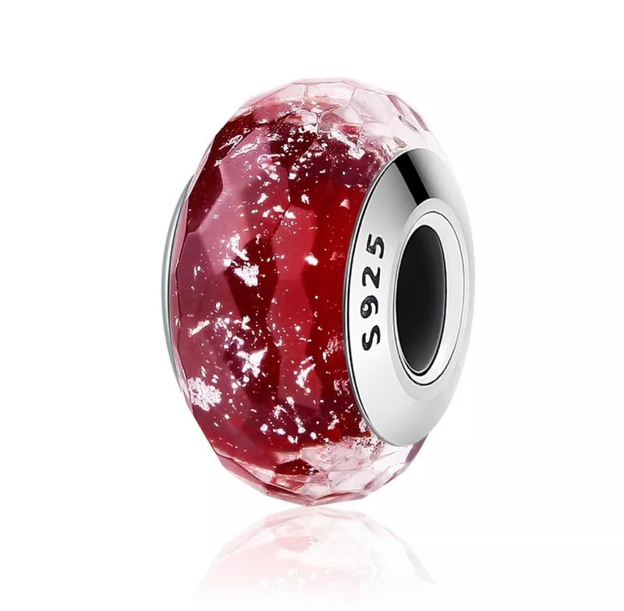 Charm-Anhänger aus rotem glitzerndem Glas, echtes 925er-Silber, kompatibel mit
