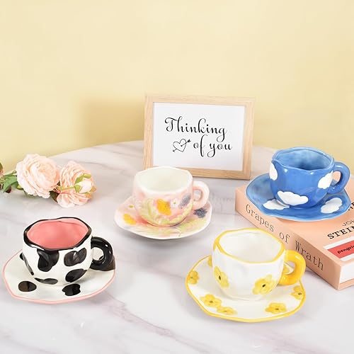 Miniatura 3 de Koythin Taza de café de cerámica con platillo, bonita taza única hecha a mano para mujeres para la oficina y el hogar, apta para lavavajillas y