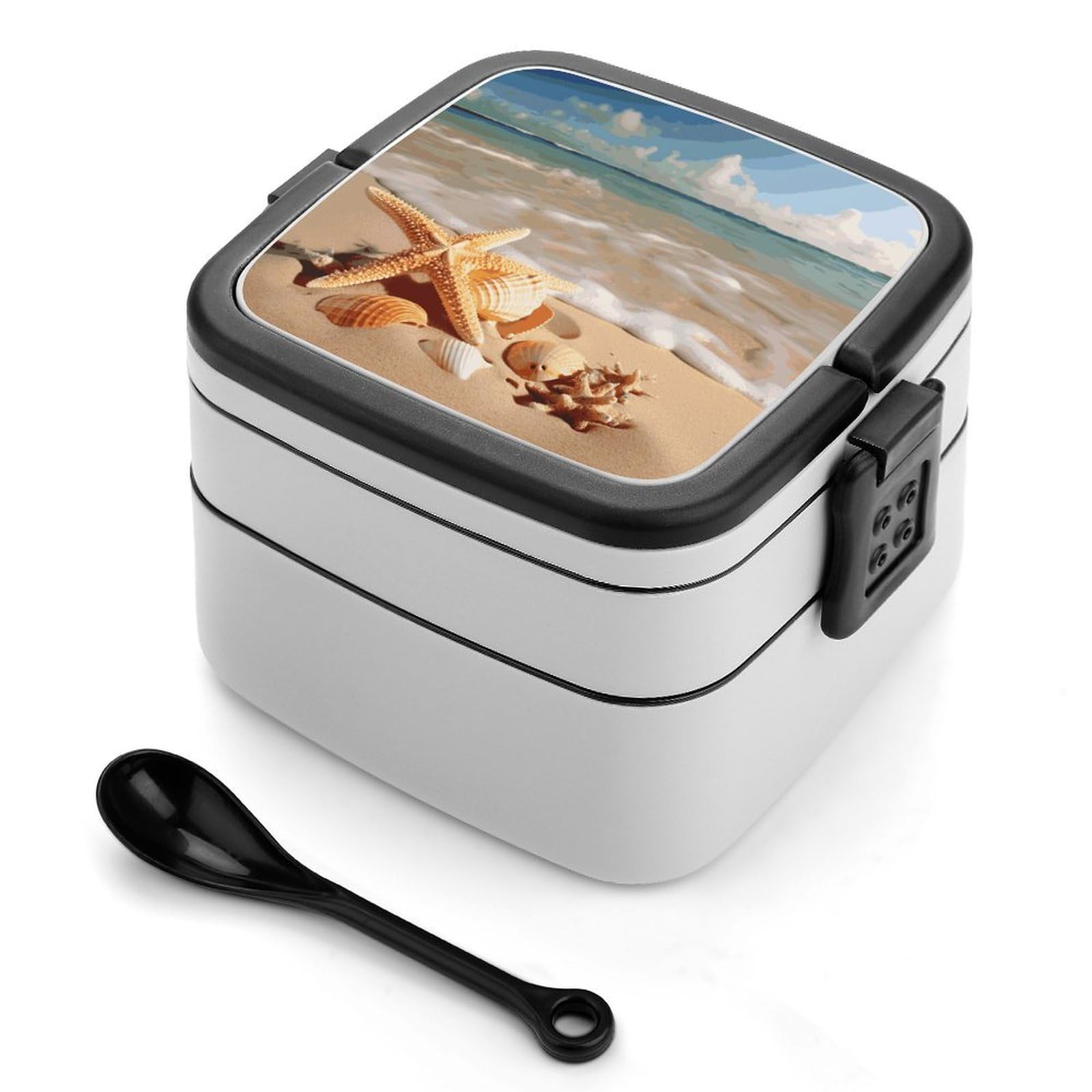 FekiLoot Seashells Starfish on Beach Bento Box Adult Lunch Box Sealed Bento Lunch Boxes with Spoon Sturdy Double Layer Bento Boxes Snap-on Design Leak Proof Lunch Containers Ideal for Work