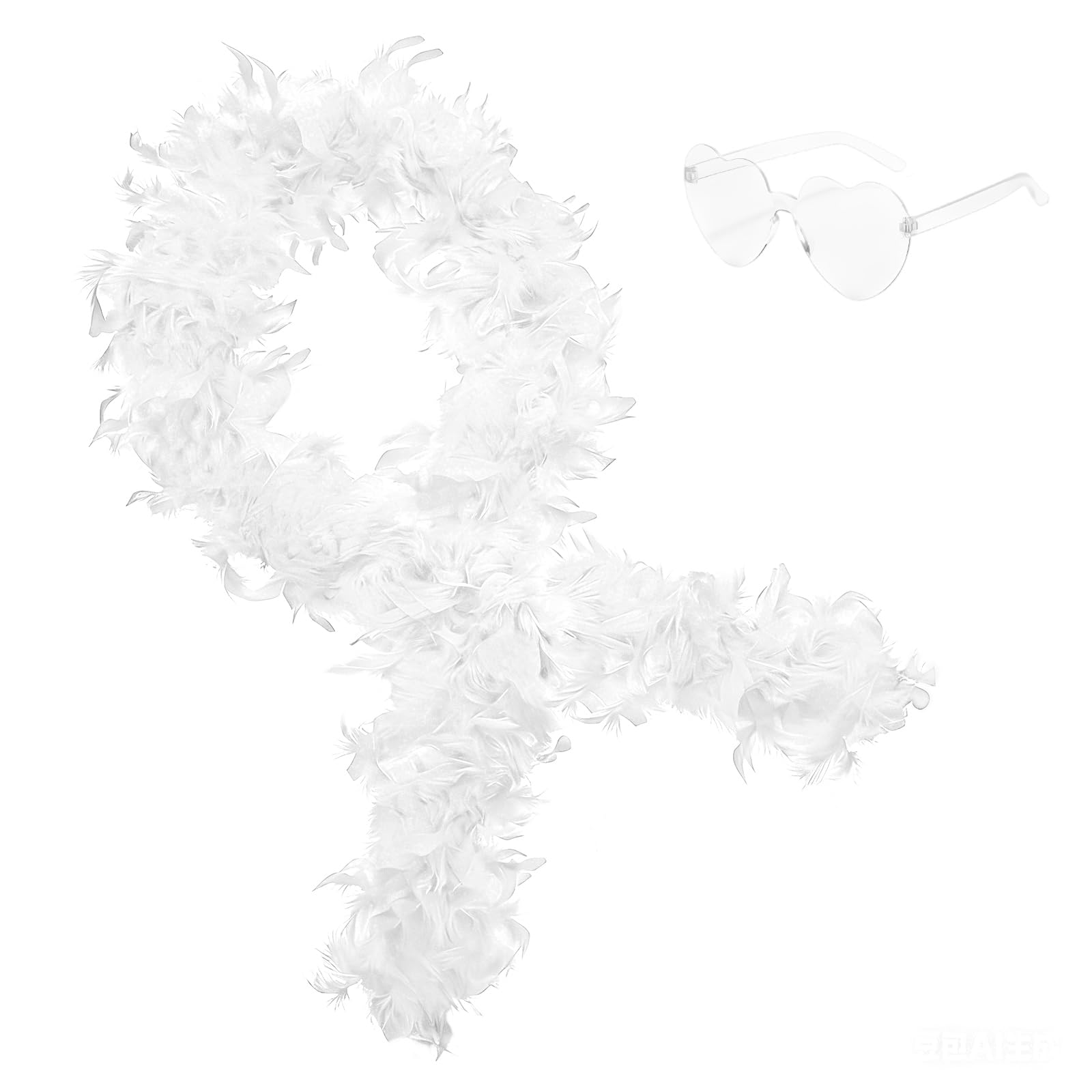 2Pcs Colorful Fancy Dress Feather Boa Set, 6.6ft Feather Boa with Heart Rimless Sunglasses for Women, Artificial Fluffy Boa Decorations wit for Dancing Wedding Party Cosplay Halloween (White) — image 1