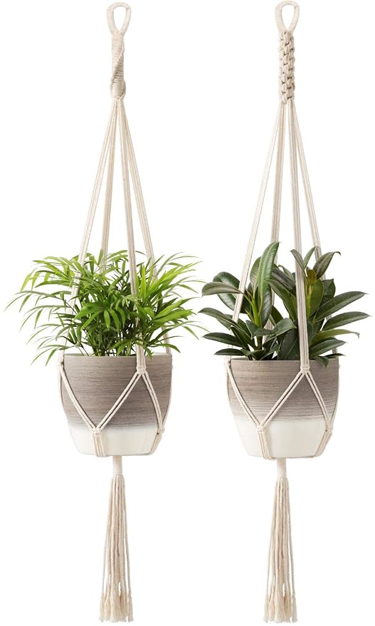 ecofynd 2 Pack Macrame Plant Hanger, Indoor Hanging Planter Basket, Decorative Flower Pot Holder for Indoor Outdoor, Balcony Boho Home Decor, 39 Inch, Ivory (Pots Not Included)